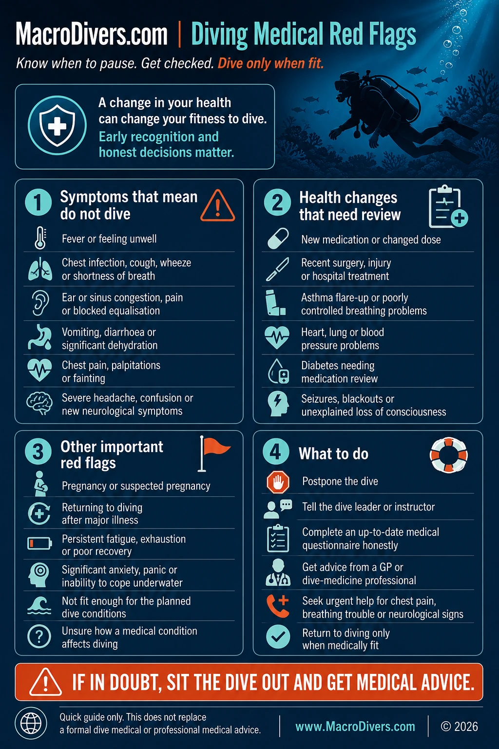 MacroDivers.com Diving Medical Red Flags infographic showing symptoms that mean do not dive, health changes that need review, other important red flags and what to do.
