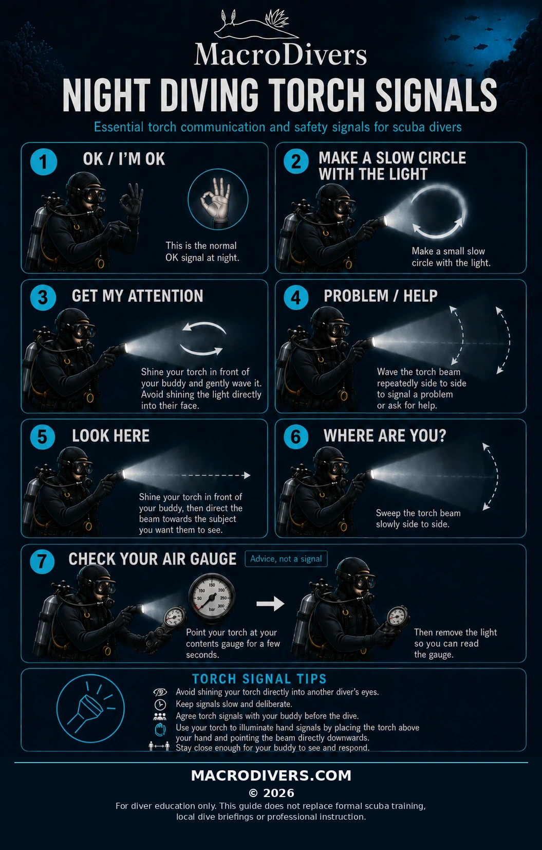 Night diving torch signals infographic showing get attention, look here, check your air, OK and help or problem signals