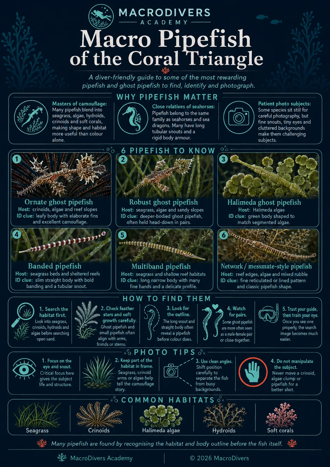 MacroDivers infographic showing macro pipefish of the Coral Triangle, including ornate ghost pipefish, robust ghost pipefish, Halimeda ghost pipefish, banded pipefish, multiband pipefish and network-style pipefish.